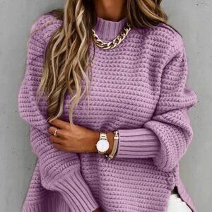 LAVENDER ONE SIZE LOOSE KNIT DEEP RIB ON CREW NECK TURTLENECK SWEATER